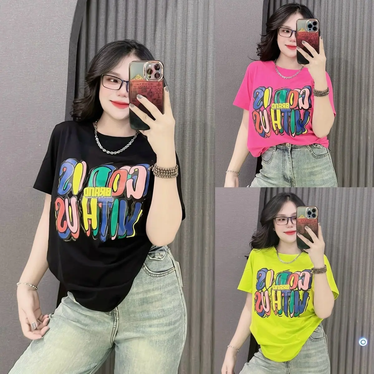 Áo thun cotton Thái nữ PHOM VỪA, PHOM RỘNG phối chữ HOT ( M : THÁI BRAND 18 ) Top Women Cổ Tròn