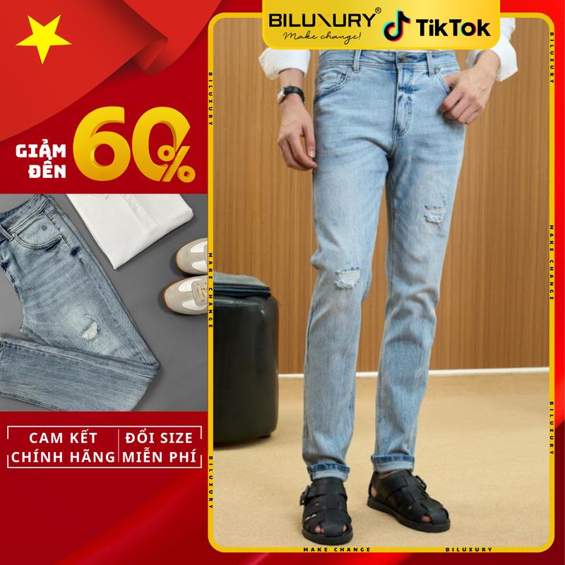Quần Jeans Nam Cao Cấp Màu Xanh Nhạt 6QBDT001XNH Dáng Quần Ôm Vừa Tôn Dáng, Bền Màu, Nam Tính - BILUXURY Menswear Jean Quần Bò Rách Có Túi Pants Lưng Cao