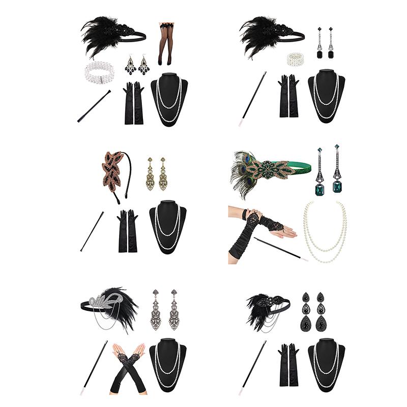 Product Introduction of Elegance 1Set 1920's Flapper Cosplay Costume Feather Headband Pearl Necklace Bracelet Stockings Long Glove Gatsby Masquerade Accessories Womenswear Crystal Clothing Piece Elastic Faux 17