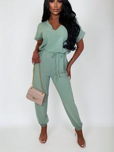Women's Solid Batwing Sleeve V Neck Belted Jumpsuit, Summer, Summer Clothes, Casual High Waist Jumpsuit for Daily Wear, Ladies Clothes for Summer, Summer Outfits 2024