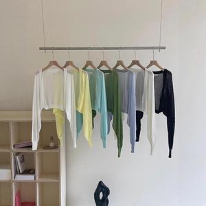 Áo khoác len nữ dệt kim, kiểu ôm và rộng thoải mái, áo mặc mùa thu 2023, áo chống nắng mới, áo sơ mi ngắn tay phồng.