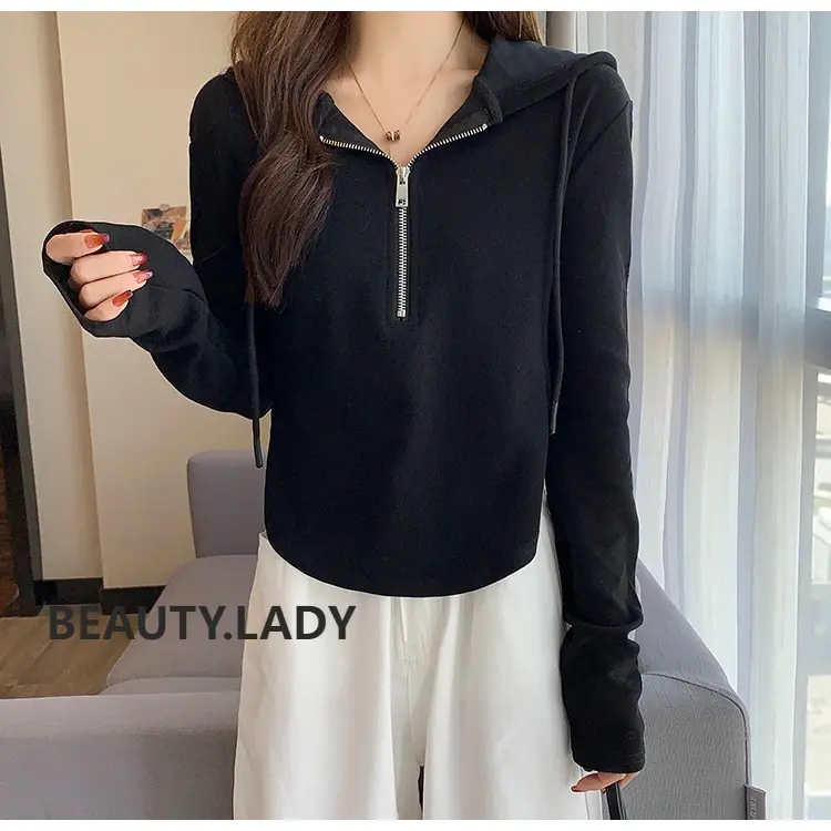 YF001 hoodie wanita |  Zip Front Hoodie |   lengan panjang |  pakaian wanita  |   Fit |   Basic |  Putih |  Hitam | Sweater |  Fleece |  Crewneck Nyaman Simple Baju Oversize Atasan Lembut Sweatshirt 3