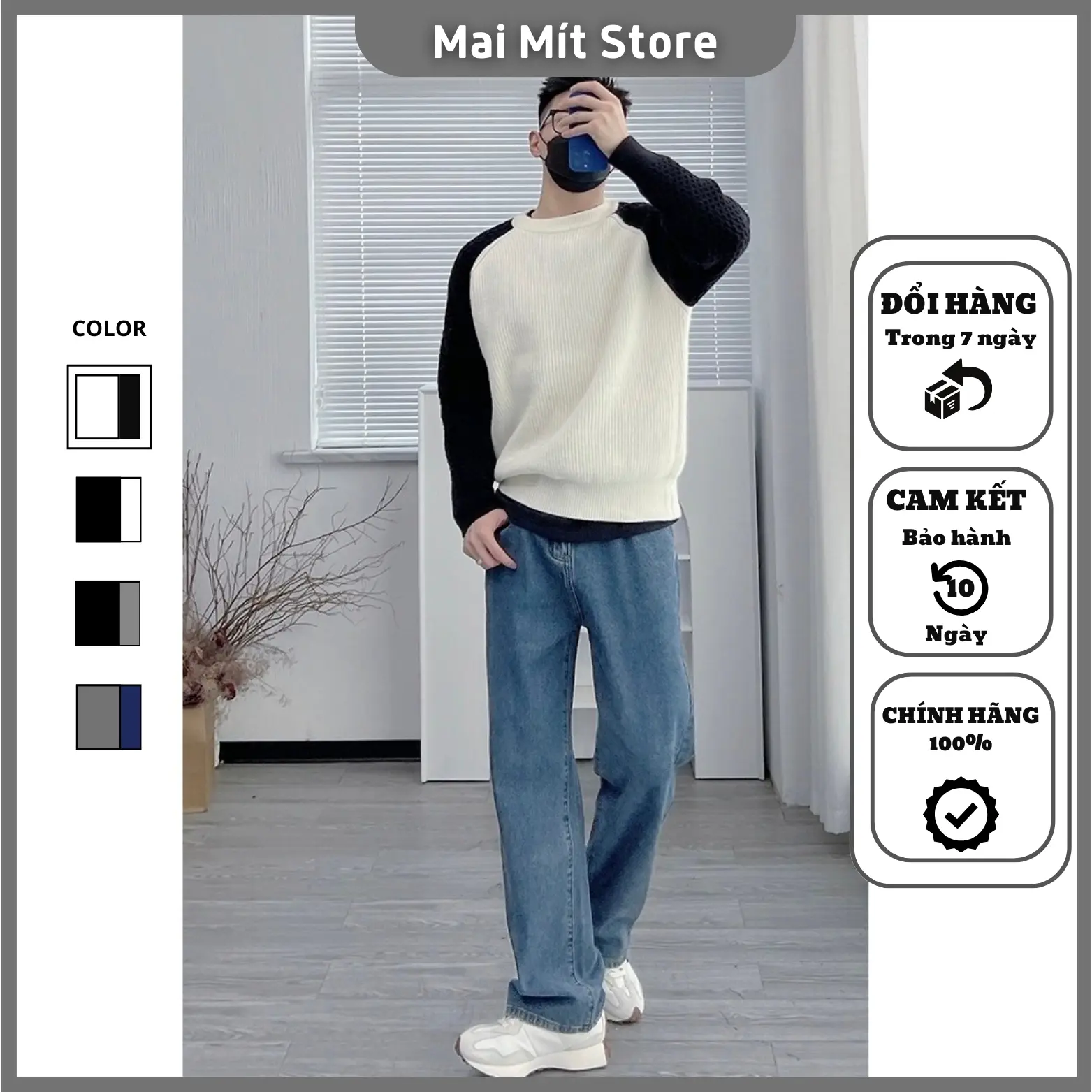 Áo len nam dài tay Hàn Quốc phối màu lông cừu dày form chuẩn phong cách trẻ trung PM1