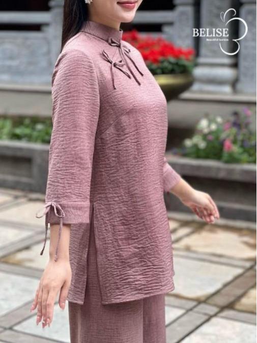 Pháp phục chất đũi xước nâu khoai môn cổ tàu có nơ trang trí - Belise Fashion Nữ Voi Women Áo 4