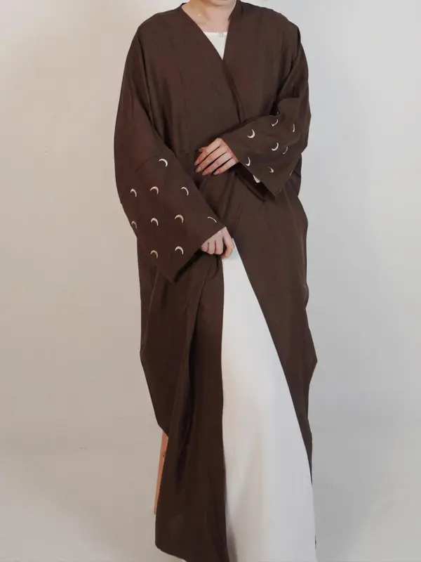 Arabic Clothing-Women's Moon Embroidery Drop Shoulder Abaya, Arabic Clothing, Elegant Long Sleeve V Neck Abaya for Spring, Fashion Women's Islamic Clothing for Daily Wear 0