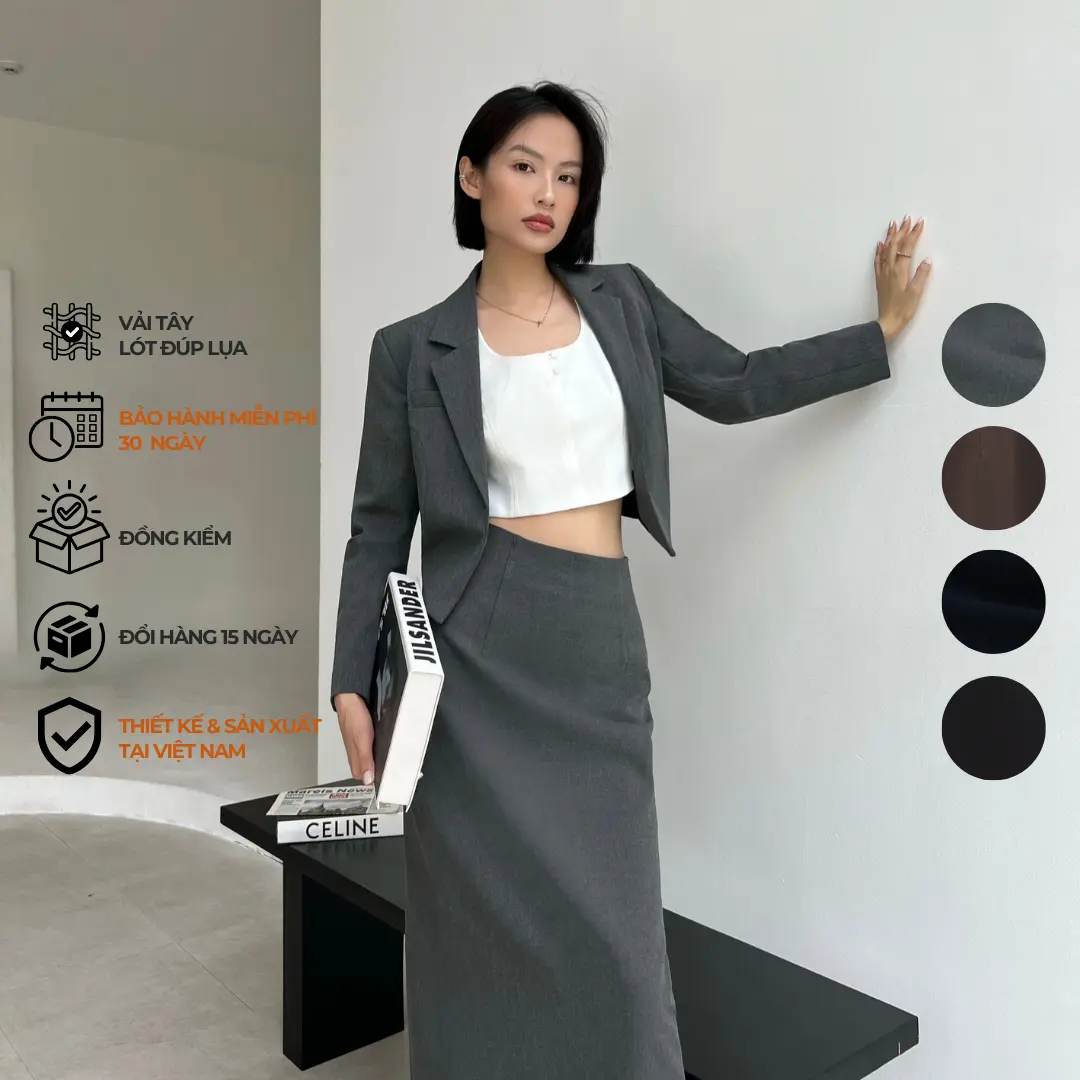 Thekat.shop - Váy midi lưng cao dáng suông, có lót lụa bên trong, xẻ sau 35cm thanh lịch chất vải rất ít nhăn co dãn ép keo đứng form