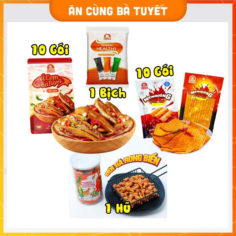 [ DEAL LIVE ]Combo BÙNG NỔ SỨC MẠNH gồm:10 gói snack Cá Cơm Bà Tuyết tê Cay + 10 gói snack Nem Nướng Phên +1 hũ snack Đùi Gà Rong Biển+ 1 bịch Thạch healthy Snack