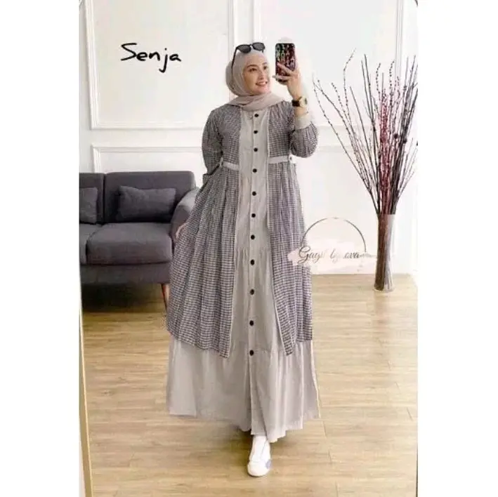 Senja One Set Dress Bahan katun linen rami Gamis Set Outer Remaja terbaru 2024 Simple  Muslim Pesta 1