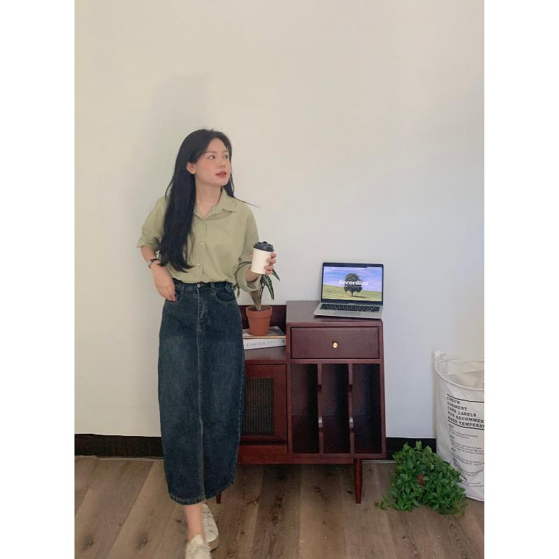 Có Bigsize Chân váy jean bò nữ dài xẻ trước Meisy phong cách Hàn Quốc Meisy