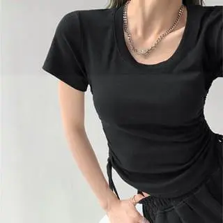 【Premium】Round Neck Ruched Drawstring Knot Crop Top  T-Shirt  7407 (S/M/L)