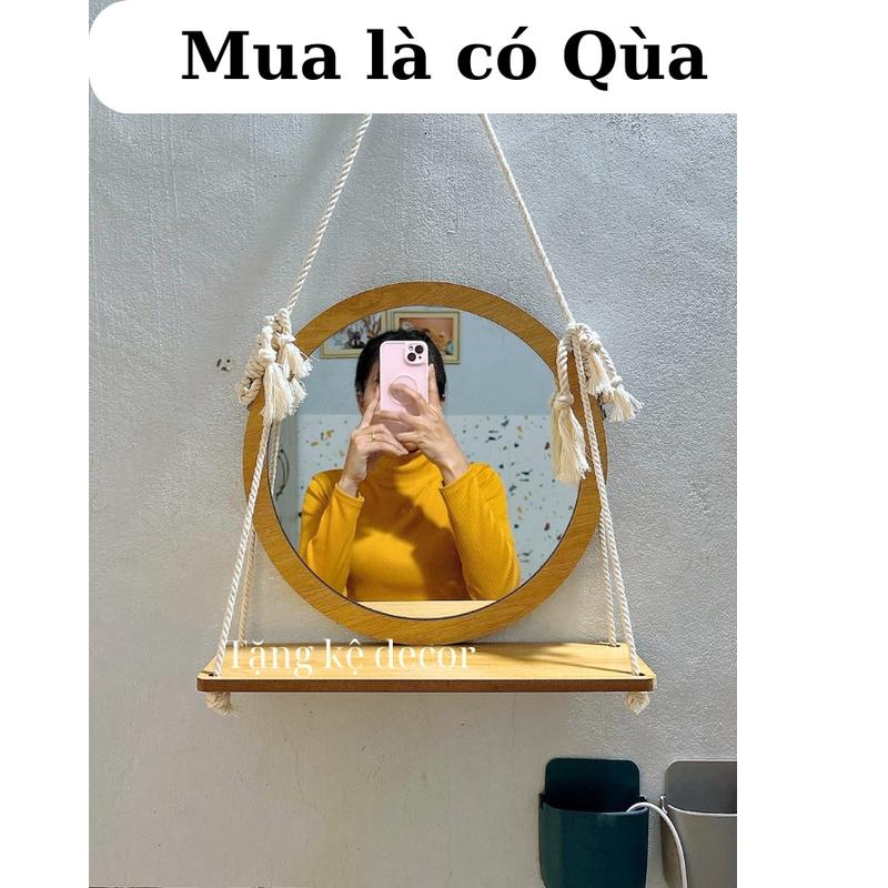 gương trang điểm treo tường, gương tròn viền gỗ 35cm Decor Phòng , tặng kệ decor Trang Trí Nhà mẫu mới , tặng đinh 4 chân không khoan tường, kèm dây thừng và phụ kiện treo. Decor gương  bể