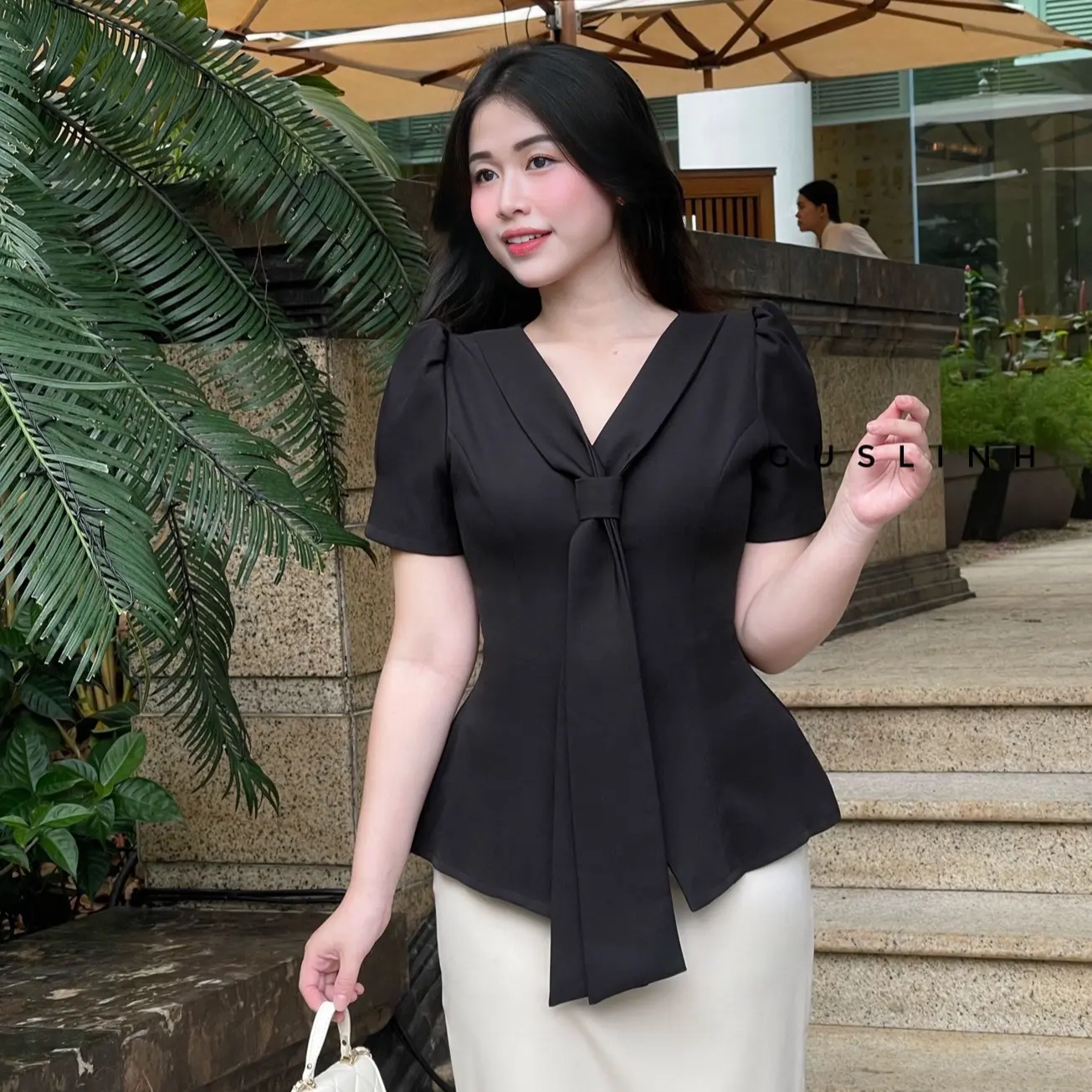 Áo kiểu cổ V tay ngắn dáng peplum đi tiệc đi làm Women
