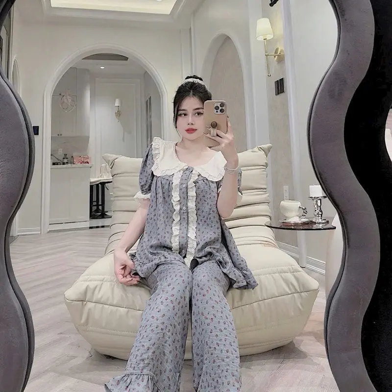 Set đồ bộ ngủ, pijama áo cộc đũi vân mây phối ren hoạ tiết hoa nhí tiêu thư dễ thương size 40-60kg