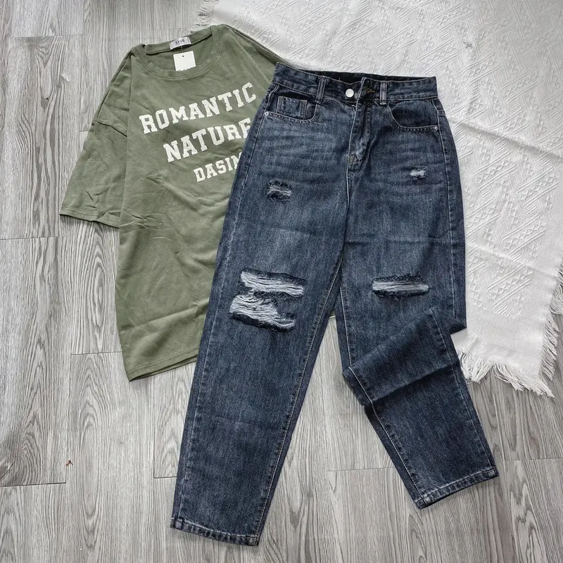 CL808 BIGSIZE qquần jean nữ baggy cạp cao, quần bò BAGGY DÁNG THỤNG nữ lưng cao rách 2 bên 1 túi sau rách #9088 1