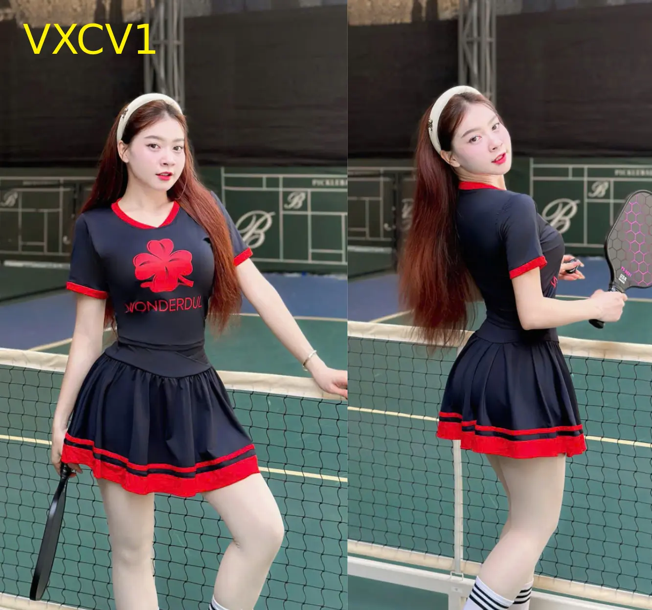 Bộ đồ tập Aerobic Gym Pickleball, Áo Bra Có Tay & Váy Xòe, Chất Liệu Thun Co Giãn Thoáng Mát