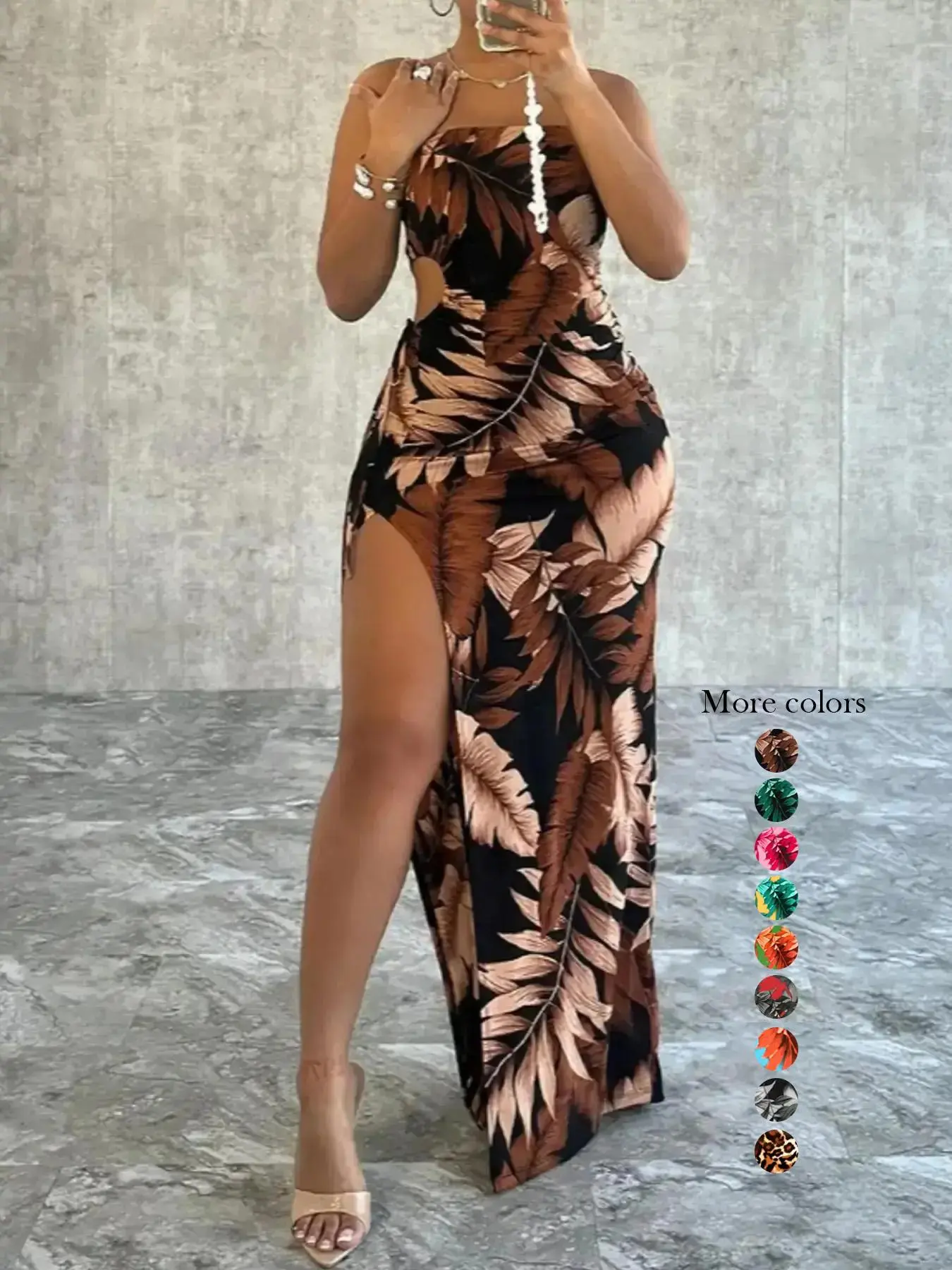 Women's Leaf Print Cut Out Ruched Split Thigh Bodycon Cami Dress, Summer Dress, Dresses for Women, Casual Tie Side Halter Neck Maxi Dress for Summer, Fashion Women's Holiday Dresses for Beach Holiday Valentine's Day, Summer Dresses 2025, Womenswear