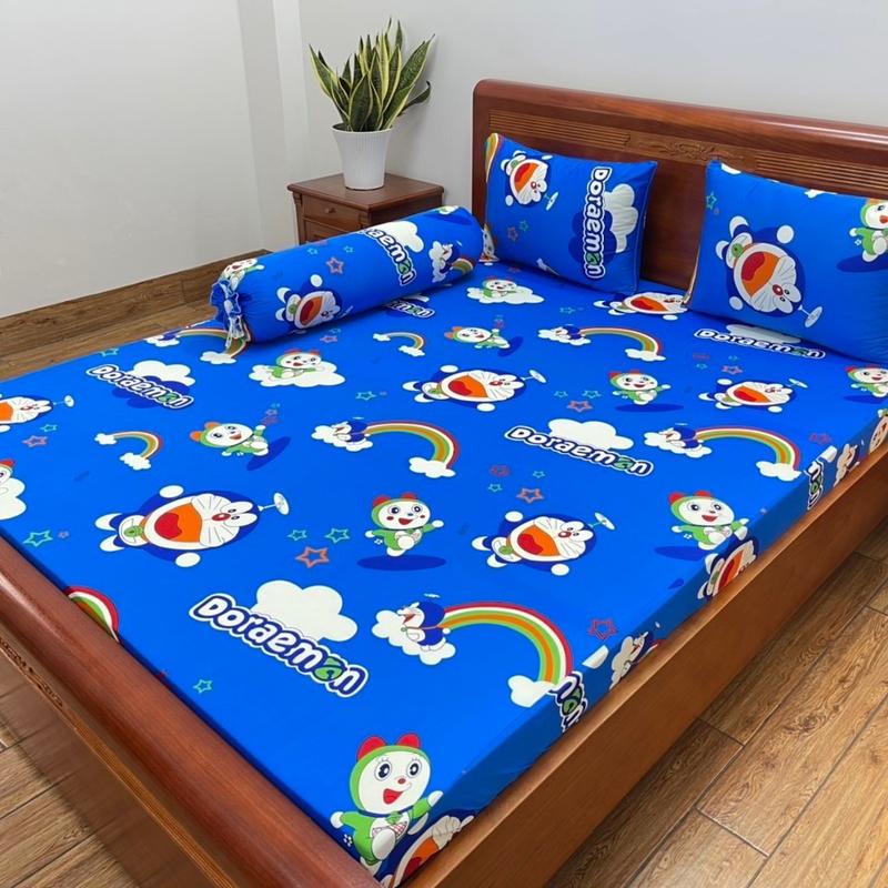 Bộ ga gối(4 món 1ga+2 vỏ gối nằm+1 ôm)thun Hàn quốc doremon xanh đậm mềm mịn mát ếch xanh mềm mại cỡ queen đồng tiền đỏ