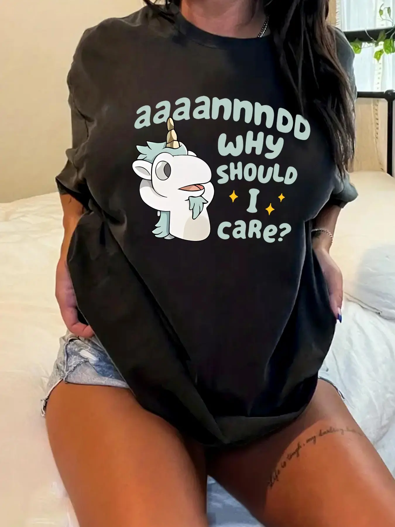 Plus Size Cartoon Unicorn & Letter Print Round Neck Tee, Cute Short Sleeve T-shirt for Summer, Women's Plus Clothing for Daily Wear