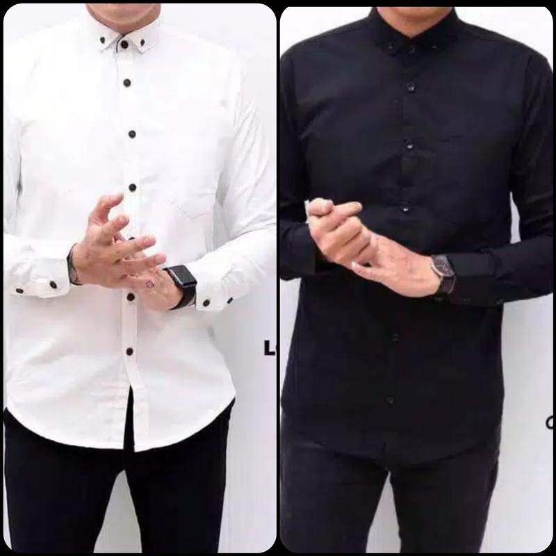 kemeja polos lengan panjang kemeja kantor kemeja kasual Polos Hitam Putih Slim-fitting Crew Neck Santai Katun Formal Kancing Kerah Simple Slimfit 5