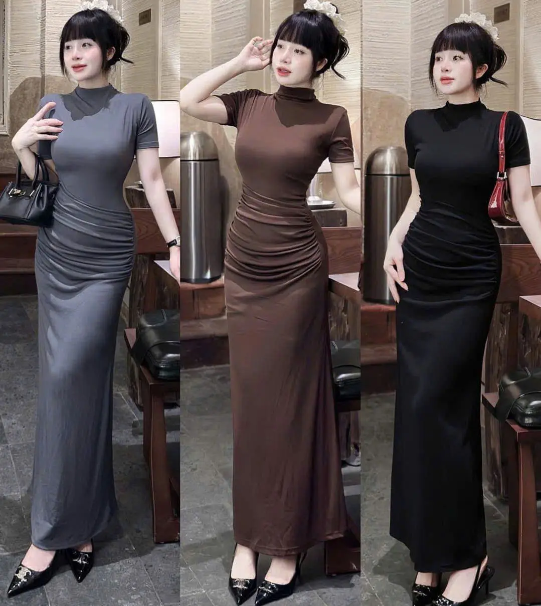 Đầm nữ cổ cao tay ngắn nhún eo   tôn , đầm mặc đi chơi đi tiệc, đi làm- thun gân lạnh H067  Dress Women Nữ Nâu đầm  body