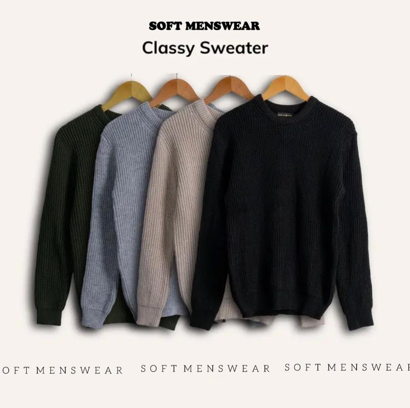 Áo len lông cừu nam cổ tròn SOFT MENSWEAR Clasy Sweater mềm mịn Len Đen Kem