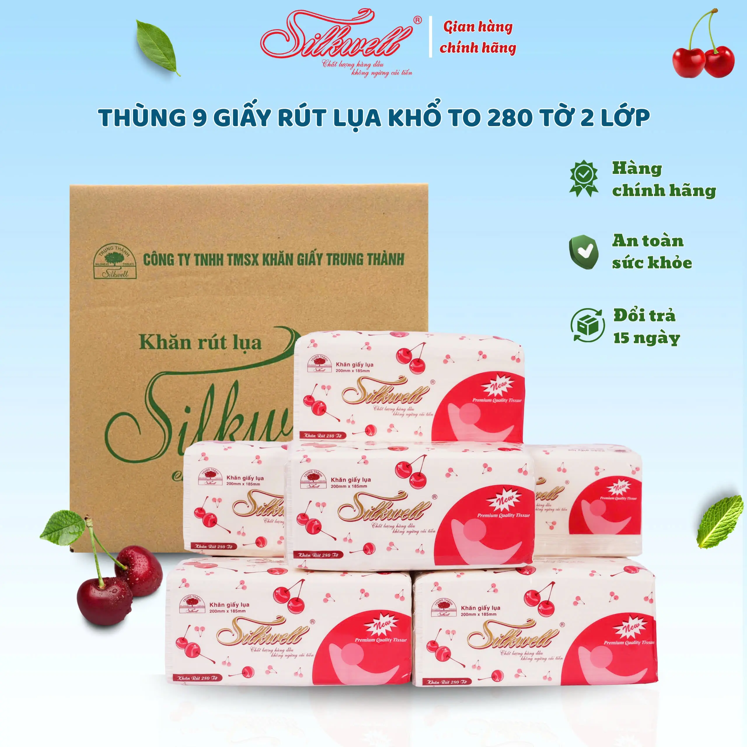 Thùng 9 Gói Giấy Ăn Rút Lụa Silkwell 280 Tờ 2 Lớp Khổ To Siêu Mềm Mịn Không Tẩy Trắng, Không Bụi Giấy Hàng Chính Hãng