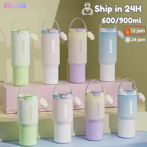 Tumbler Tempat Minum Stainless Steel Karakter Panas Dingin dengan Tali / Tumbler Botol Stainless Steel 304 600/900ml Enjoy Happy Day