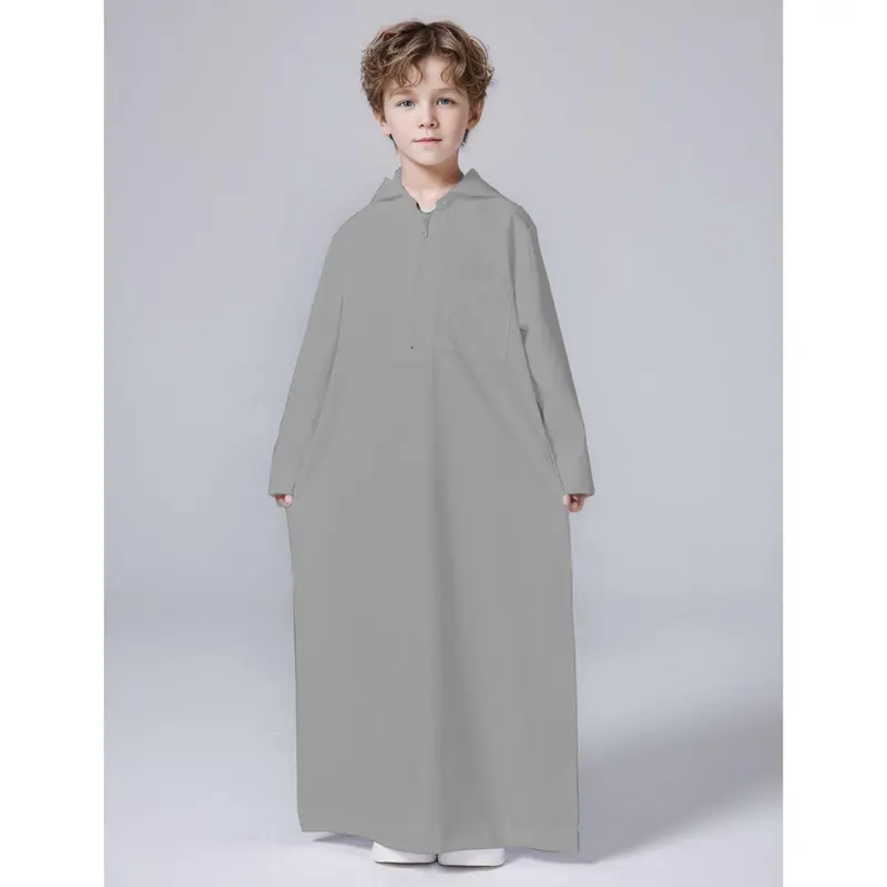 2025 Middle East Solid Color Boy Hooded Zip Shirt Robe Arab Muslim 7