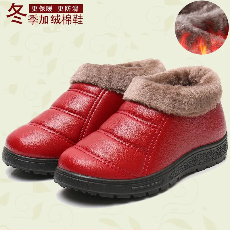 Giày vải, Cũ Bắc Kinh, dành cho phụ nữ Trung Người Già và Cao Tuổi, nhung và bông ấm áp, không thấm nước, Pu trượt, dép da, thích hợp cho giày và ủng của mẹ, Bán Buôn có sẵn