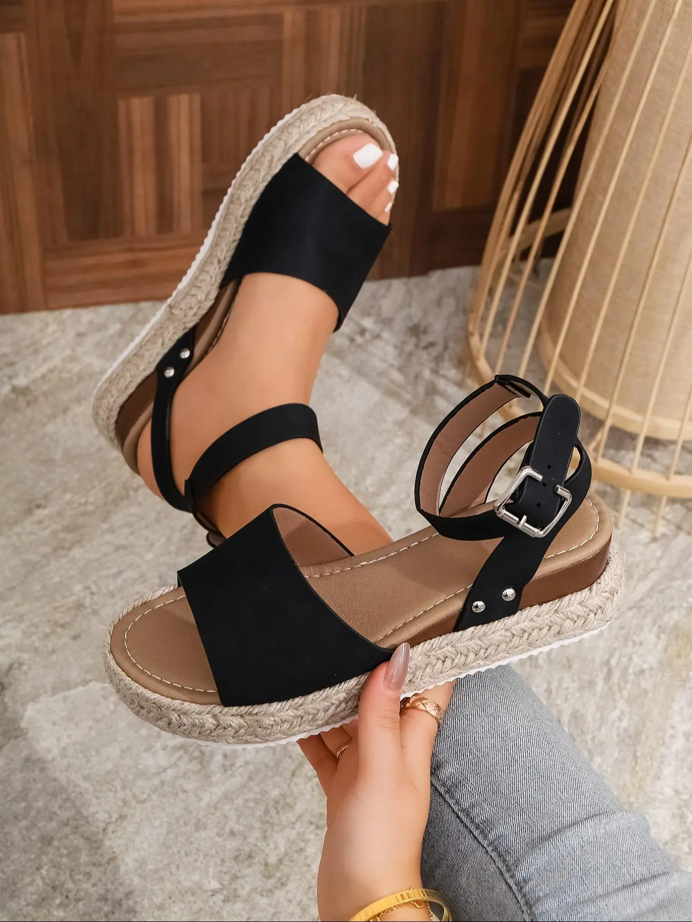 Women's Fashionable Solid Color Platform Sandals, Casual Comfortable Espadrilles Sandals for Summer Beach, Female All-match Round Toe Sandals for Daily Wear, Walking Shoes