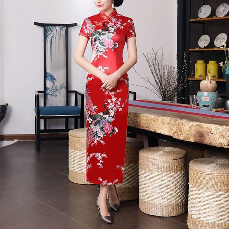 Euyuxan-Váy Phong Cách Quốc Gia Trung Quốc Cho Nữ, In Hoa, Cổ Đứng, Tay Áo Ngắn, Xẻ Tà Bên Cao, Nút Thắt Nút Trung Quốc, Sườn Xám, Satin, Mượt Mà, Vừa Vặn, Mùa Hè, Mùa Xuân, Qipao 7