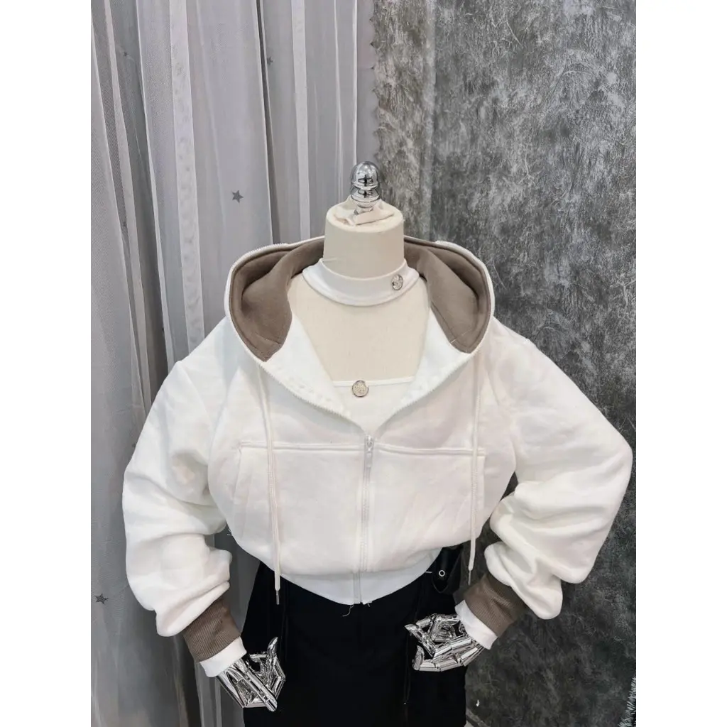 Khoác nón phối 2 lớp nón, dây kéo cao qua nửa mặt, chất nỉ ngoại (40kg-65kg) Nữ Women Nữ Women Áo Jacket Top Kem