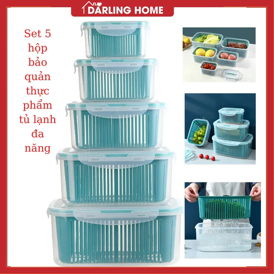 Hộp Bảo Quản Thực Phẩm Tủ Lạnh Set 5 Món, Hộp Đựng Thực Phẩm Đa Năng Darling Home