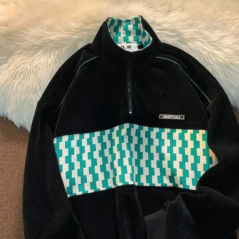 Áo Len Cổ Polo, Phong Cách Mỹ Cổ Điển Bánh Quế Nửa Dây Kéo, Dáng Rộng Vừa Vặn, Dành Cho Nam Và Nữ, Thích Hợp Cho Mùa Thu, Hợp Xu hướng Và Dễ Phối Đồ, Áo Khoác Kẻ Sọc Ca Rô Menswear Hoodie 4