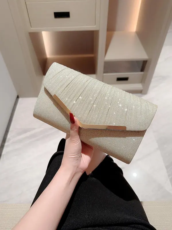 Elegant Solid Color Metal Bar Decor Glittery Flap Clutch With Chain Strap, Women's Evening Bags For Party Wedding 2