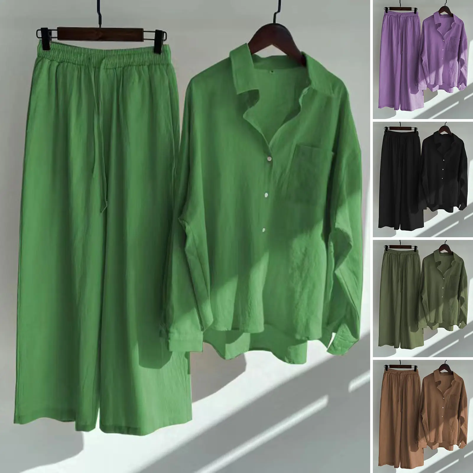 2 Pcs/Set Women Tops Pants Set Long Sleeves Cardigan Solid Color Wide Leg Skin-touch Blouse Trousers Suit Daily Clothes