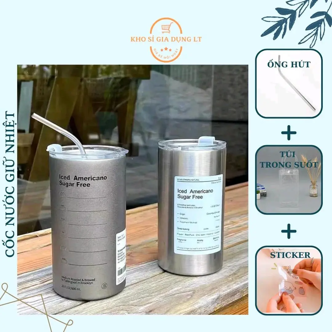 Cốc giữ nhiệt,ly giữ nhiệt  Iced Americano inox 304 kèm đủ phụ kiện 600ml