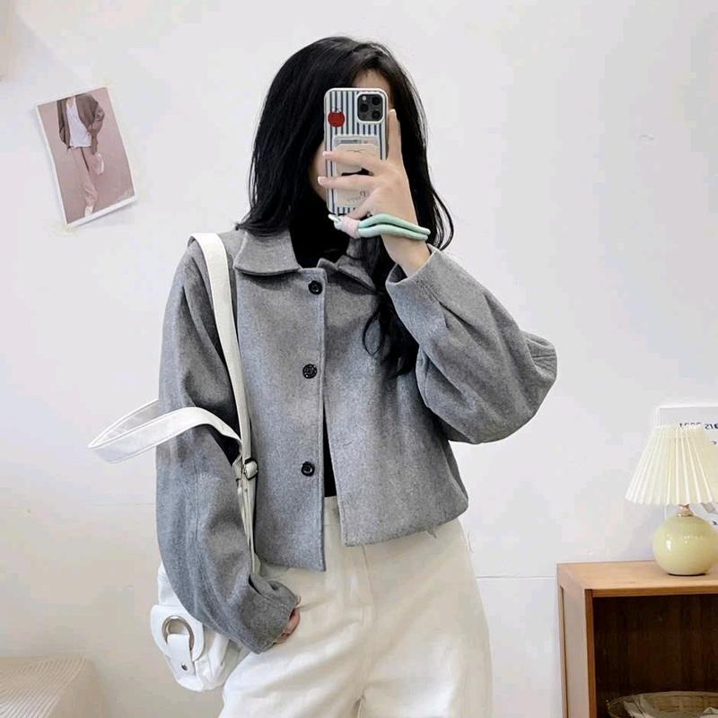 Áo khoác dạ ép 2 lớp croptop tay phồng Hàn Quốc nữ - Women, Jacket Voi