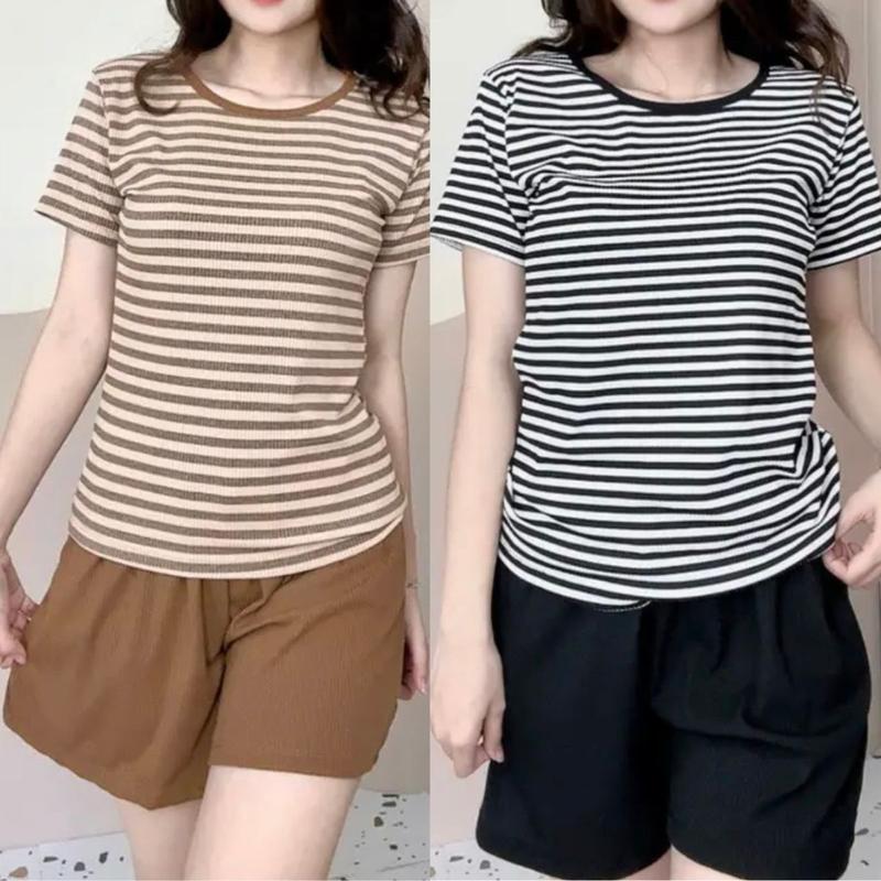 Set Đồ Bộ Đùi Bigsize Dễ Thương Vải Thun Gân Sọc ESHOP Đồ Bộ Nữ Mặc Nhà Đẹp Thun Gân Co Giãn Áo Women Sọc Kẻ