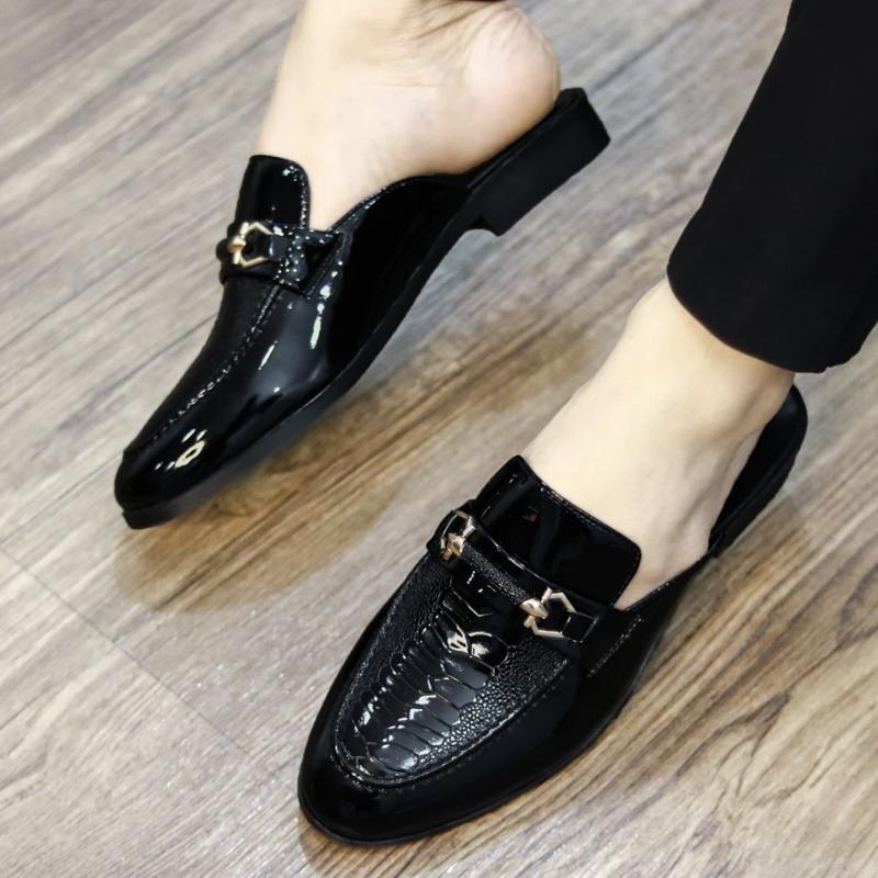 Sục da nam bóng dập vân đà điểu GiàY hở gót da PU phong cách bóng bảy,trẻ trung Mã S3 DéP