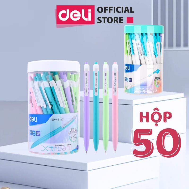 DEAL SỐC T12 Hộp 50 cây bút bi màu pastel Deli - Combo 50 bút bấm ngòi 0.7mm mực xanh đen nhiều màu giá rẻ - phù hợp học sinh văn phòng