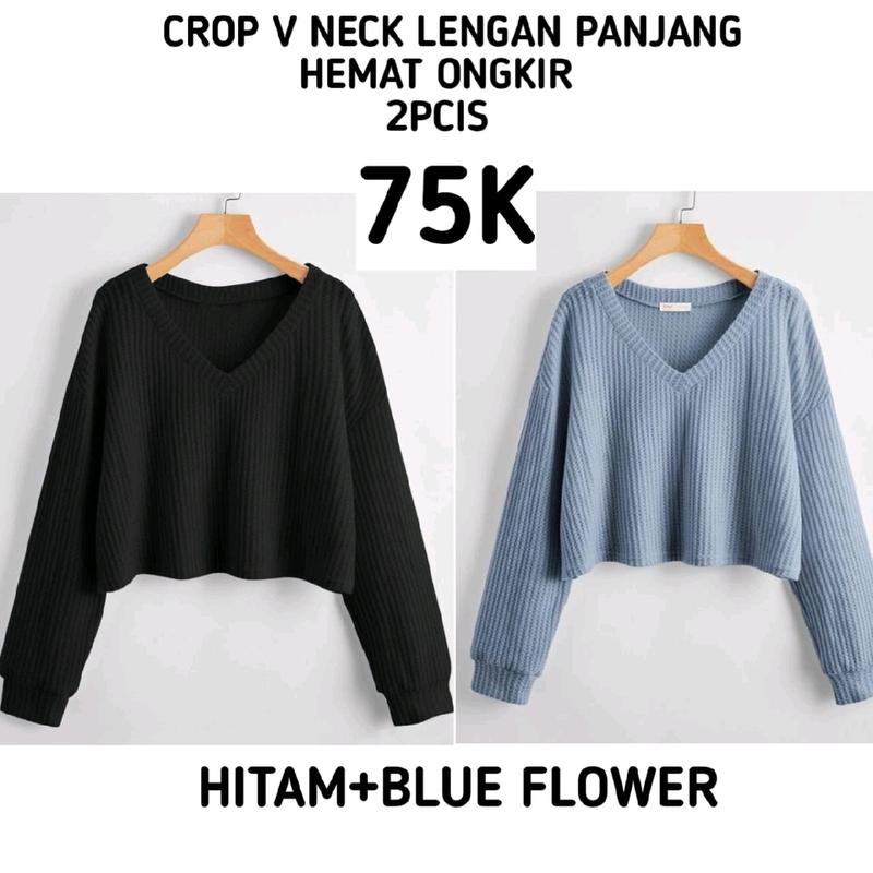 Promo 2pcis Crop V Neck Lengan Panjang Wanita - Baju Knitwear Nyaman - Formal, Midi kemeja vest jumbo 1