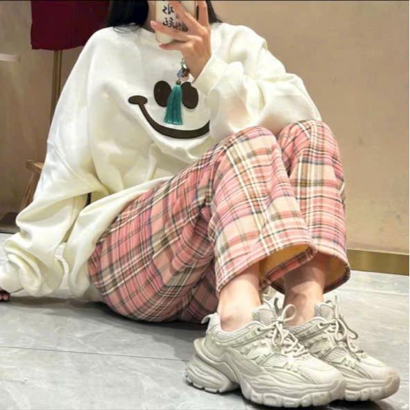 Combo 2 quần Quần Suông Lót Lông Quần Suông Kẻ Caro phối dây rút Lót Lông Cao Cấp quần suông dạ ống rộng phong cách HÀN QUỐC. Nữ Women