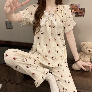 Set Piyama Lengan Pendek, untuk Wanita, Koleksi Musim Panas, Diperbuat daripada Kapas Awan Tenunan, Rekaan Berinspirasikan Puteri, Bernafas, Sesuai untuk Ruang Rehat di Cuaca Panas, Santai dan Selesa di Rumah