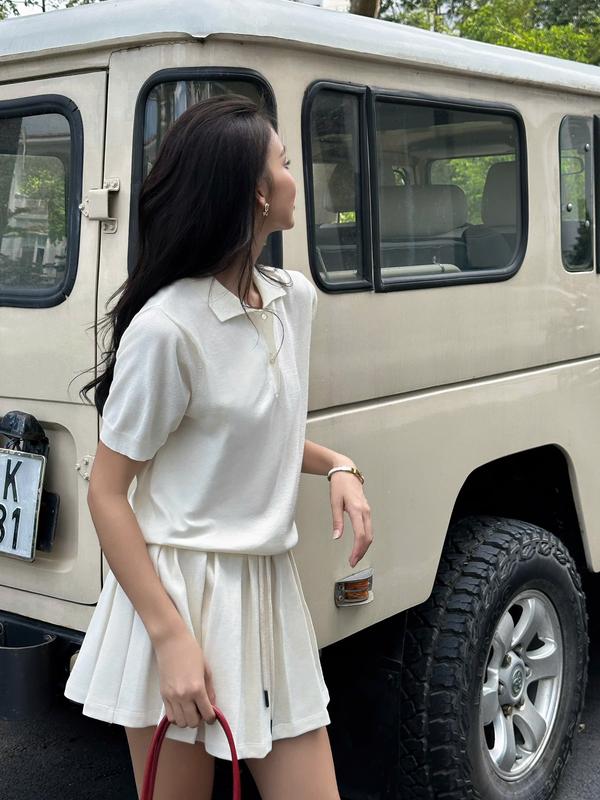 Áo len dệt kim tay ngắn có cổ nữ BASIC SUNI TOP