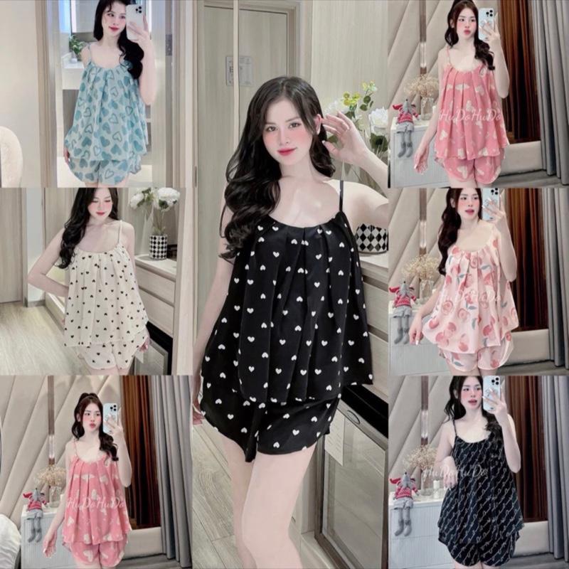 (40-85kg)Bộ Lụa Hai Dây Mặc Nhà Kèm Quần Có Túi, Áo Xếp Ly Họa Tiết Nhiều Hình Women