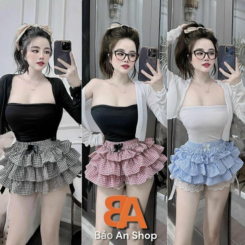 Sét 3 món áo ống gân có mút kèm áo khoác giấy mỏng và chân váy carro 3 tầng ren