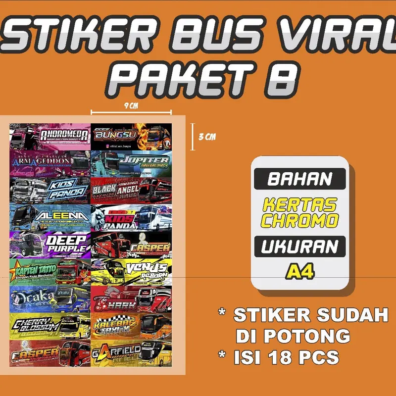 Sticker Bus Original mengkilap , isi 18pcs, Sticker Bus Virall, Sticker bus Panjang 2