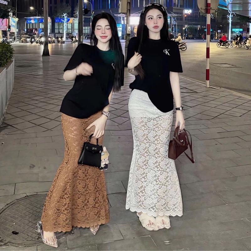 Chân váy đuôi cá ren dệt kim hoa Hồng nổi qc,chân ren gợn sóng đủ size 40-75kg