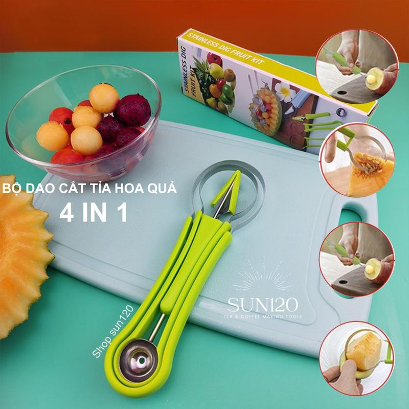 Bộ dao tỉa hoa quả đa năng 4 in 1 bộ dụng cụ nạo gọt trái cây múc kem tạo hình muỗng múc dưa hấu